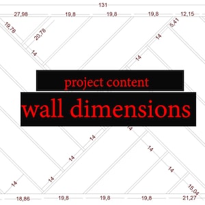 May include: A black and white diagram with lines and numbers showing wall dimensions for a project. The text "project content" and "wall dimensions" are written in red.