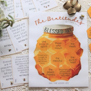Beatitudes Kids Learning Pack Printable pdf, matching and memory verse cards, honey bee