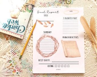 May include: A printable book report template with watercolor illustrations. The report includes sections for the title, favorite part, summary, main characters, and best quote. A pencil and a copy of "Charlotte's Web" are also in the image.