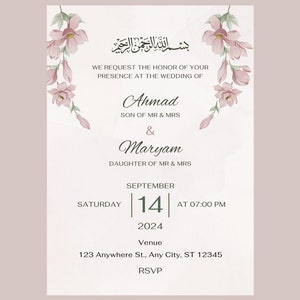 Bewerkbare moslim bruiloft uitnodiging sjabloon bloemen roze Nikkah Shaadi Walima Mehndi Dholki uitnodigen islamitische digitale download trouwkaart