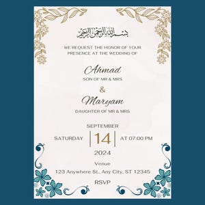 Modèle modifiable de faire-part de mariage musulman bleu royal Nikkah Shaadi Walima Mehndi Dholki Invite carte de mariage islamique en téléchargement numérique