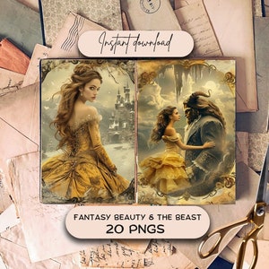 Fantasy Beauty & the Beast Junk Journal Pages (20 PNG), papier de scrapbooking conte de fées, téléchargement de Pages imprimables livresques, kit de journalisation