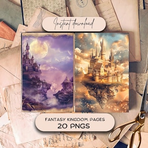 May include: Two fantasy castle illustrations. The first castle is a purple and pink castle on a cliff with a full moon in the sky. The second castle is a golden castle floating on clouds with stars in the sky. The text "Fantasy Kingdom Pages 20 PNGs" is at the bottom of the image.