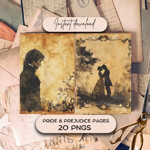 Orgueil et préjugés, 20 PNG, papier pour scrapbooking roman livresque, téléchargement de pages imprimables victoriennes, kit Jane Austen