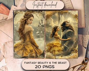 Fantasy Beauty & the Beast Junk Journal Pages (20 PNG), Fairytale Scrapbooking Paper, Bookish Printable Pages Download, Journaling Kit