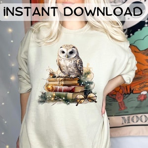 May include: A white sweatshirt with a graphic of an owl perched on a stack of books with Christmas lights and greenery. The owl is brown and white with yellow eyes. The text "INSTANT DOWNLOAD" is at the top of the image.
