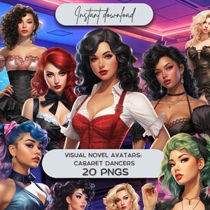 Puede incluir: Arte digital que presenta múltiples avatares de bailarinas de cabaret con diversos peinados y atuendos. La imagen incluye el texto "Instant download" y "Visual Novel Avatars: Cabaret Dancers 20 PNGs."