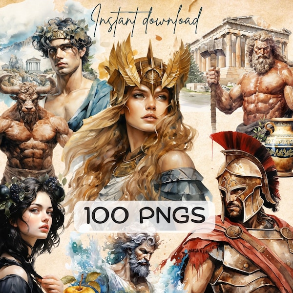 Greek Mythology Clipart Bundle (100 PNG), Gods Goddesses and Heroes, Fantasy Scrapbooking, Printable Junk Journal Sticker