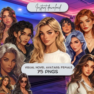 Bundel visual novel vrouwelijke avatars (75+ png), personages met hoge resolutie voor interactieve strips, digitale datingsimulators - direct downloaden