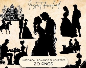 Historical Romance Silhouettes Clipart Bundle (20 PNG), Black-and-White Vintage Couples, Printable Junk Journal Download, POD Card Making
