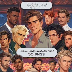 Paquete de avatares masculinos de novela visual (más de 50 PNG), modelos de personajes interactivos de alta resolución, simuladores de citas digitales: descarga instantánea
