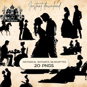 Historische romantiek silhouetten clipart bundel (20 PNG), zwart-wit vintage paren, afdrukbare ongewenste dagboek downloaden, POD-kaart maken