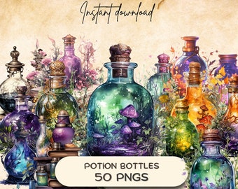 Peut inclure: Une collection de 50 flacons de potion en verre colorés avec des bouchons en liège. Les flacons sont remplis de différents liquides et contiennent différents éléments magiques, tels que des champignons, des fleurs et des étoiles. Les flacons sont disposés de manière fantaisiste et magique, parfaits pour ajouter une touche de fantaisie à tout projet.