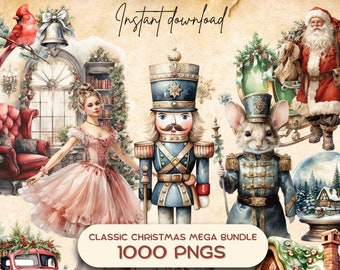 Vintage Christmas MEGA Bundle (1000 PNG) Watercolor Clipart, Holiday Card Graphic, Ornament Craft POD, Gingerbread Retro Xmas Illustration