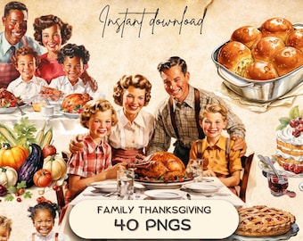 Retro Thanksgiving PNG (40), 1950s Autumn Family Holiday Clipart, Turkey Dinner, Fifties Vintage Fall Scrapbook Sticker, Watercolor Download