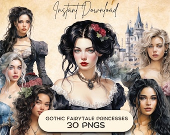 Gothic Victorian Fairytale Princess Clipart (30 PNG), Dark Fantasy Graphics, Vintage Storybook Tale, Grimm Bookworm Instant Download