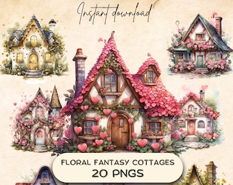 May include: Watercolor illustrations of whimsical floral fantasy cottages. The image features several charming houses adorned with flowers, heart-shaped decorations, and the text "Instant download" and "Floral Fantasy Cottages 20 PNGs".