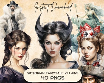 Victorian Fairytale Villains Clipart (40 PNG), Watercolor Dark Fantasy Illustration, Vintage Storybook Tale Graphic, Wicked Bookish Download