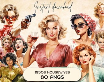 50s Housewife Clipart Bundle (80 PNGs), Retro Mid-Century Women, Vintage Mothers Day Card Making Illustrations