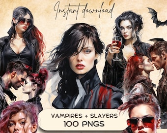 Vampire Slayers + Vamps Clipart (100 PNG) Bundle, Gothic Dark Fantasy, Vampyre Romantasy Characters, Stoker Printable Junk Journal Stickers