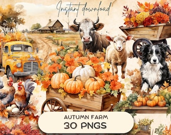 Könnte beinhalten: Ein digitaler Clipart-Satz mit 30 PNG-Bildern zum Thema Herbstfarm. Das Set enthält einen gelben LKW, eine Kuh, ein Schwein, ein Schaf, einen Hund, Kürbisse, Kürbisse, Herbstblätter und einen Hahn.