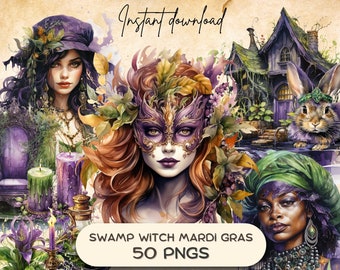 May include: A digital illustration set of 50 PNG images featuring a swamp witch theme with Mardi Gras elements. The set includes a witch with a purple mask, a cauldron, candles, a frog, a raccoon, and a house.