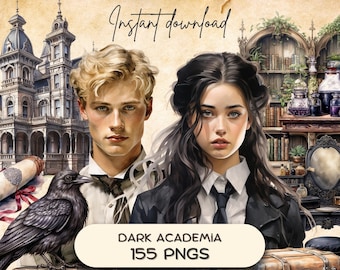 May include: A digital illustration of two people in dark academia attire. The woman has long dark hair and is wearing a black blazer with a white shirt and a black tie. The man has short blond hair and is wearing a white shirt with a black tie and a brown jacket. The background features a vintage mansion, books, and other dark academia elements. The text "DARK ACADEMIA 155 PNGS" is displayed in the center of the image.