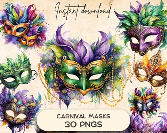 May include: A set of 30 digital images of colorful carnival masks with feathers and jewels. The masks are in various shades of green, purple, gold, and black. The text "Carnival Masks 30 PNGs" is displayed on a white banner.
