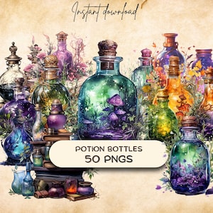 May include: A collection of 50 colorful glass potion bottles with cork stoppers. The bottles are filled with various liquids and contain different magical elements, such as mushrooms, flowers, and stars.  The bottles are arranged in a whimsical and magical way, perfect for adding a touch of fantasy to any project.