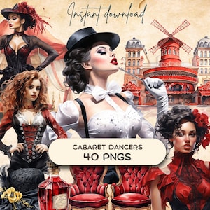 Cabaret clipartbundel (40 png's), aquarel vintage dansers, afdrukbare digitale sticker, ongewenste tijdschriftafbeeldingen downloaden, liefde scrapbooking