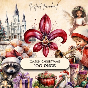 Cajun Christmas Clipart (100 PNG), New Orleans Southern Family Holiday Graphic, Xmas Gift Watercolor Download, Card Ornament Crafting POD
