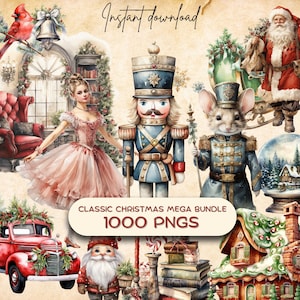 Vintage kerst MEGA-bundel (1000 png) aquarel clipart, grafische kerstkaart, ornament ambachtelijke POD, peperkoek retro kerst illustratie