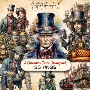 Steampunk 'A Christmas Carol' Clipart (35 PNG), Charles Dickens Reader, Vacanze londinesi, Tiny Tim, Fantasma del Natale passato, Adesivi dei tre spiriti