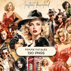 Paquete de imágenes prediseñadas de Femme Fatale de los años 30 (130 PNG), mujeres retro de mediados de siglo, gráficos de cine negro vintage, pegatinas de diario basura imprimibles