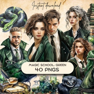 Material escolar mágico: pacote verde (40 PNGs), acessórios de feiticeiro, clipart em aquarela, Dark Academia, adesivos de lixo eletrônico para impressão, POD