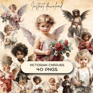 May include: Digital art featuring a collection of cherubic figures with wings, holding flowers, in various poses and outfits. The text "Instant download" and "Victorian Cherubs 40 PNGS" are also present.