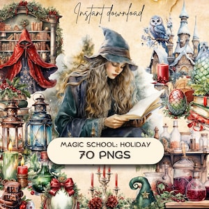 Clipart szkoły magii bożonarodzeniowej (70 PNG), materiały czarodzieja, Holiday Dark Academia, rzemiosło z akwareli, naklejka do albumu świątecznego do pobrania