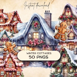 Fantasy Winter Cottages PNGs (50), clipart delle festività natalizie, mini Natale e case innevate, download di Gingerbread POD, ornamento artistico stampabile