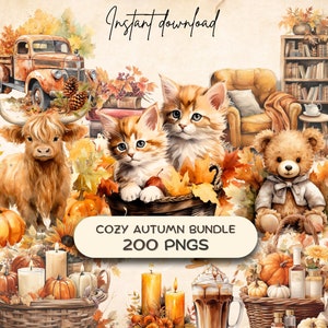 Cozy Autumn Clipart Mega Bundle (200 PNG), Fall Fantasy Graphics, Junk Journal Stickers, Back to School Scrapbooking