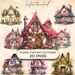 Paquete de imágenes prediseñadas de cabañas de fantasía floral (20 PNG), Ilustraciones de cabañas acogedoras de hadas, Descarga POD de la casa de hadas, Pegatinas de diario basura