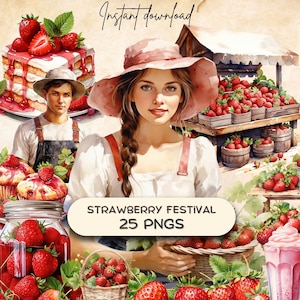 Clipart fraise (25 PNG), graphique de fruits frais de la ferme, scrapbooking printanier, fête des petits fruits, pays rustique, autocollant journal indésirable POD
