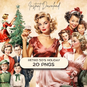 Vintage 50s Weihnachten Clipart Bundle (20 PNG): Retro Hausfrau Kunst, Aquarell Familie Urlaub Kartengrafik, Ornament Basteln POD Download
