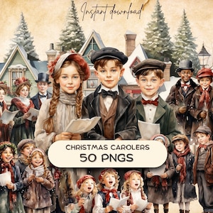 Vintage klassieke kerstliederen (50 png) aquarel clipartbundel, kerstkaartafbeeldingen, ornament knutselen POD, retro kerstillustratie