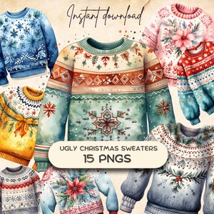 Brzydki świąteczny sweter Clipart (15 PNG), Akwarela świąteczny sweter graficzny Bundle, Zabawna naklejka świąteczna, Zima POD Pobierz, Rzemiosło ozdób
