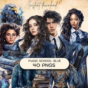 Magische schoolbenodigdheden: blauwe bundel (40 png's), accessoires tovenaar, aquarel clipart, Dark Academia, afdrukbare stickers voor ongewenste tijdschriften, POD