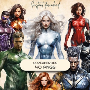 Superhelden clipart bundel (40 PNG), vrouwelijke + mannelijke burgerwachten Fantasy scrapbooking, stripfiguren, afdrukbare junk journal sticker