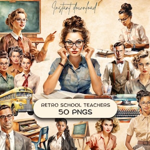 50er Jahre Schullehrer Clipart Bundle (50 PNGs), Vintage Academia, Retro Mid-Century Frauen, Erzieherinnen Karten machen Illustrationen