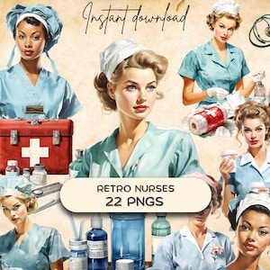 Pacote de clipart de enfermeira médica vintage (22 PNG), aquarela retrô mulheres de meados do século 1950, hospital do século 20, gráfico de médica