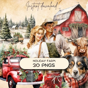 Clipart de Natal country (30 PNG), animais de fazenda de caminhão de férias, gráfico de artesanato de ornamento, pinheiros de Natal frescos de fazenda, POD de inverno em aquarela