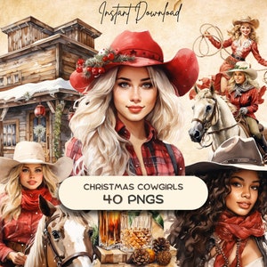 Western Christmas Cowgirl Clipart (40 PNG), Akwarela Xmas Bundle, Vintage Country Winter POD Pobierz, Tworzenie ozdób, Tworzenie kartek